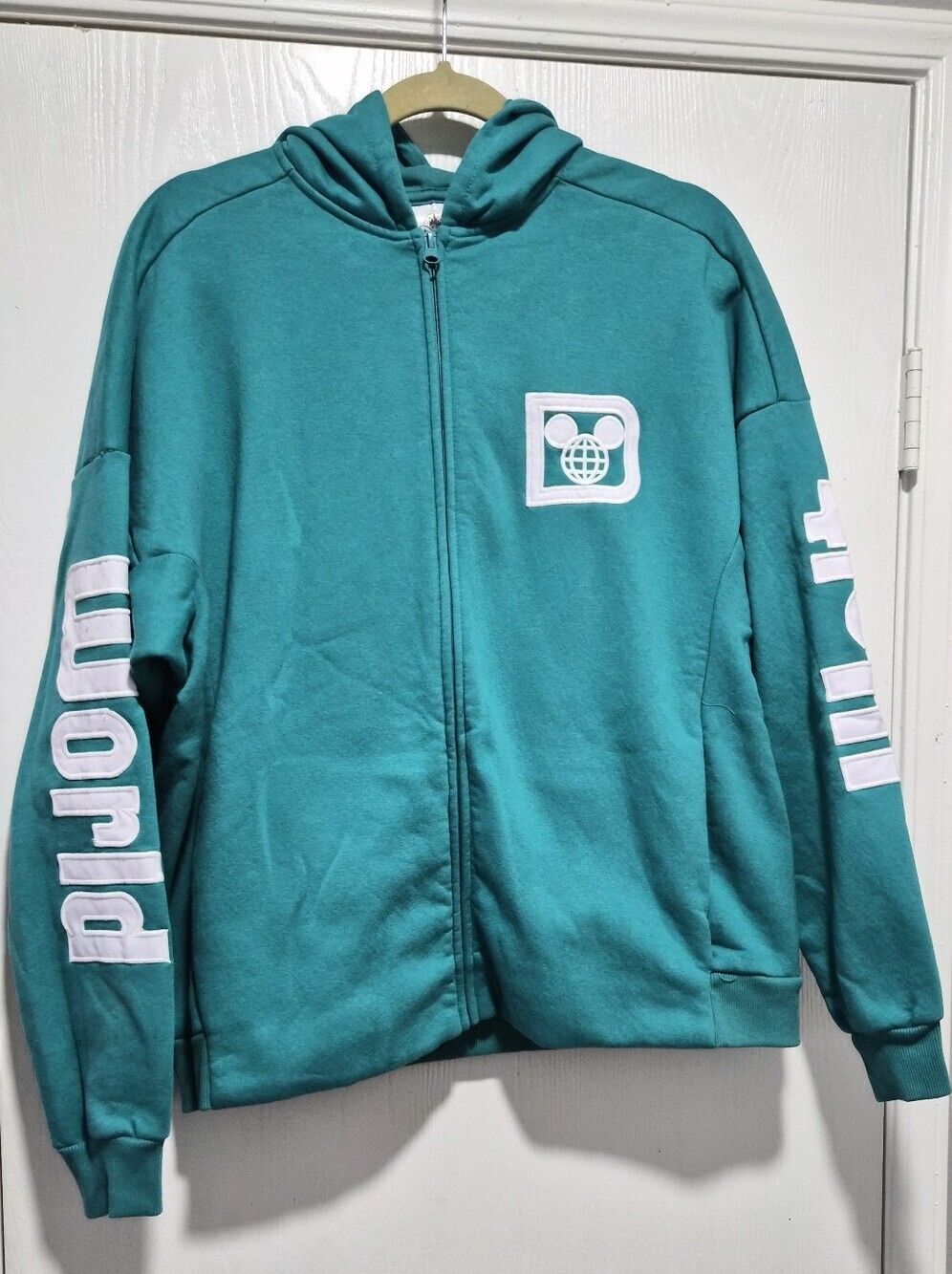 Disney Parks Walt Disney World Spell Out Teal Zip-Up Unisex Hoodie Sweater Sz M